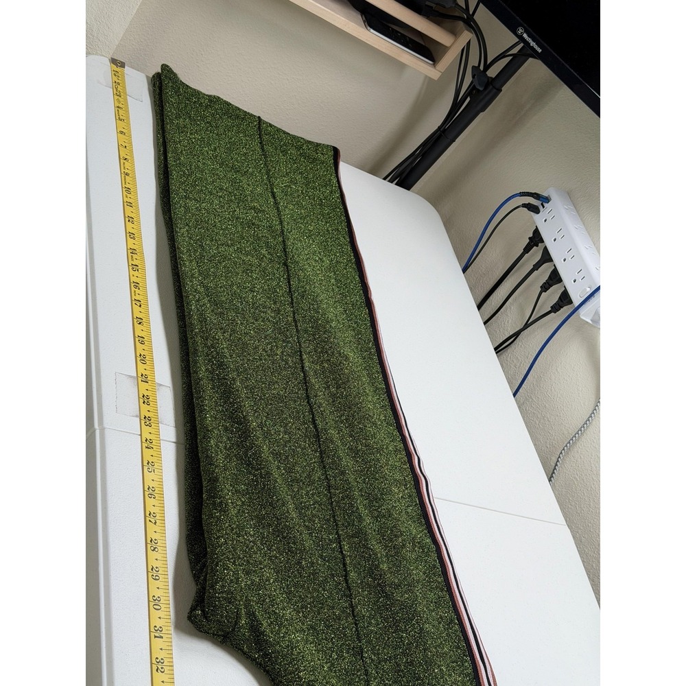H&M Pants Women 10 Metallic Green Glitter Wide Leg Side Stripe High Waist Disco - Picture 11 of 12